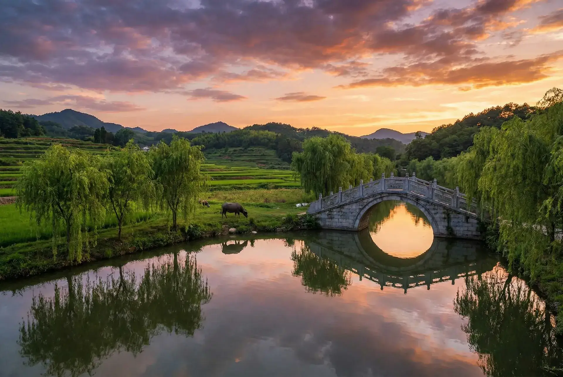 夕阳下的石拱桥与垂柳，水牛在河边吃草 - 新的哥哥 乡村美景